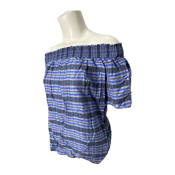 J Crew Blue Striped Off-Shoulder Silk Women's Top‎ Sz 8 - Picture 2 of 5